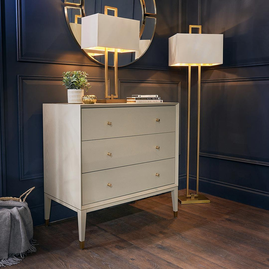 Bayeux Three Drawer Chest in painted brass and ceramic grey — detail