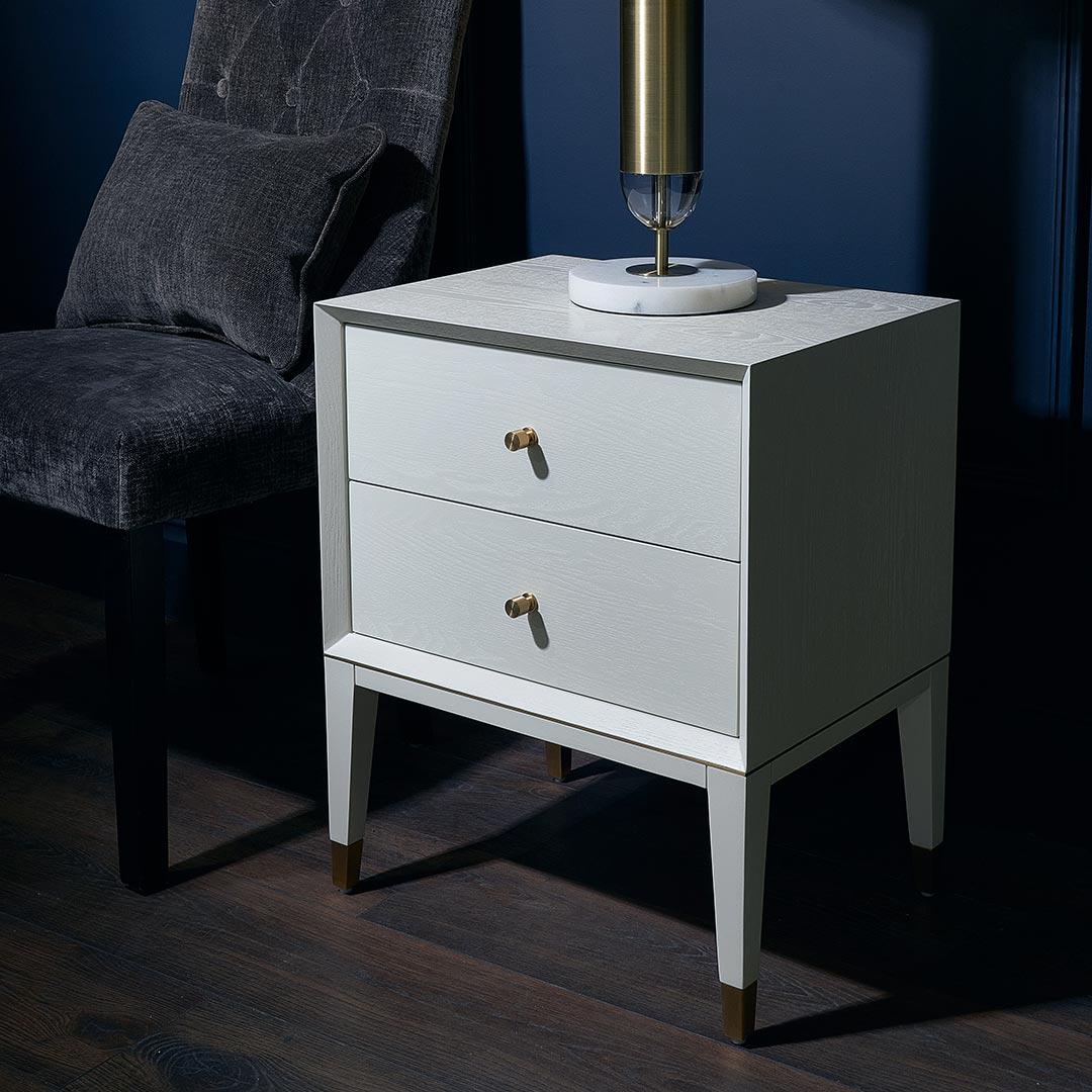 Bayeux White Bedside Table in brushed white and brass — alternative angle