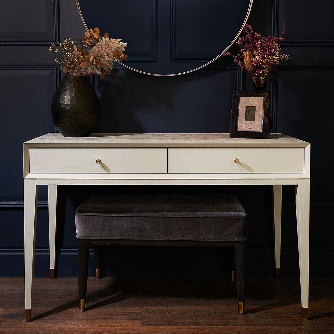 Bayeux White Dressing Table in brushed brass and rva white — alternative angle