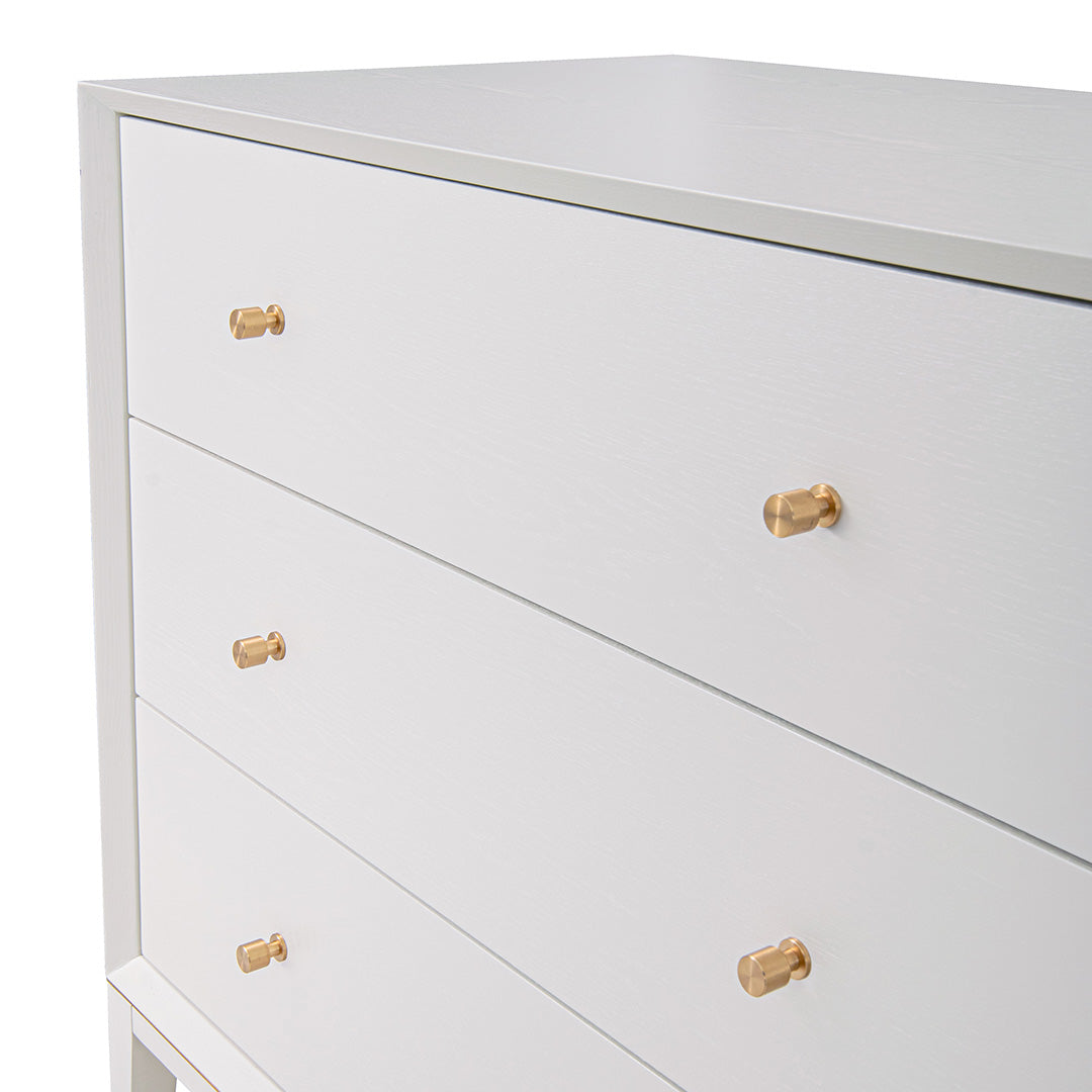 Bayeux White Three Drawer Chest in brushed brass and rva white — alternative angle