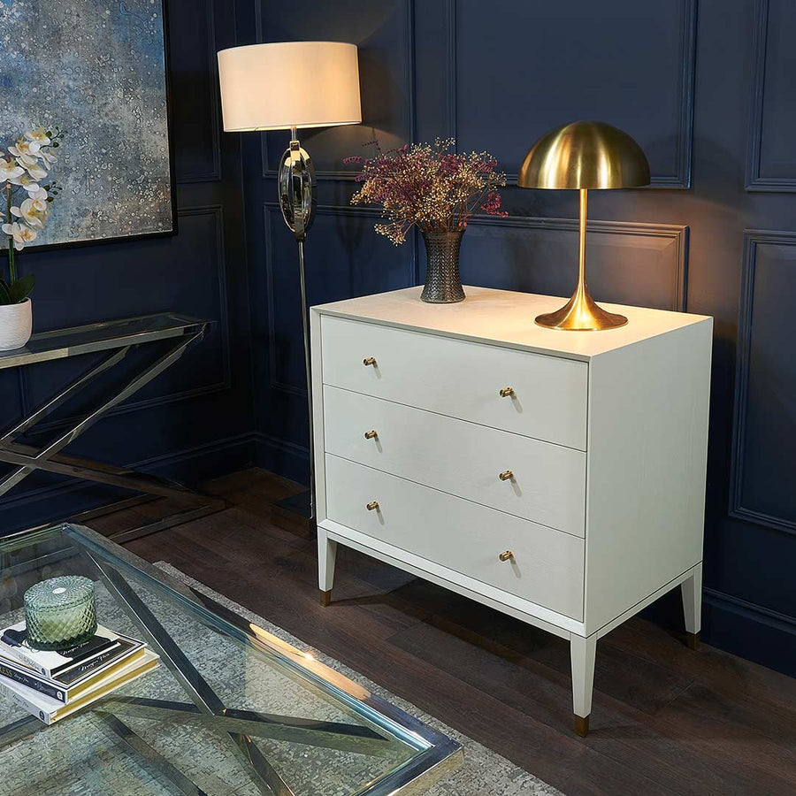 Bayeux White Three Drawer Chest in brushed brass and rva white — detail