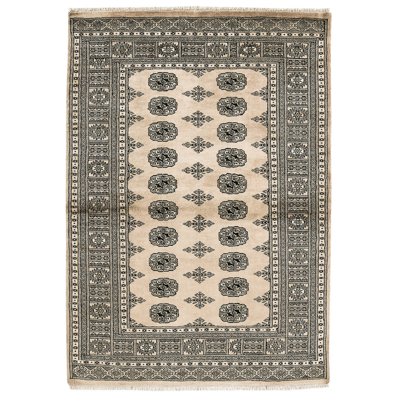 Bokhara Beige hand-knotted wool rug on a white background