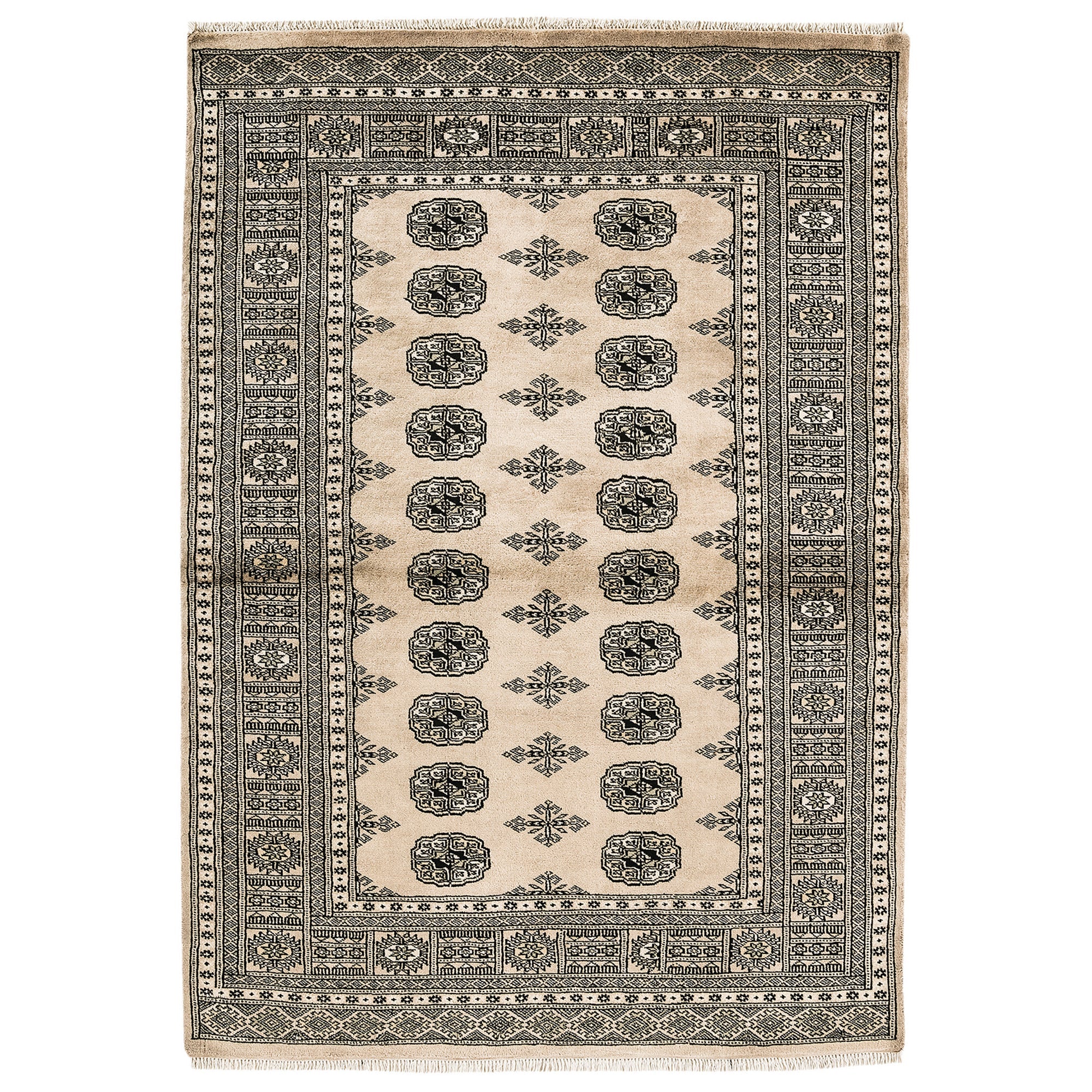 Bokhara Beige hand-knotted wool rug on a white background