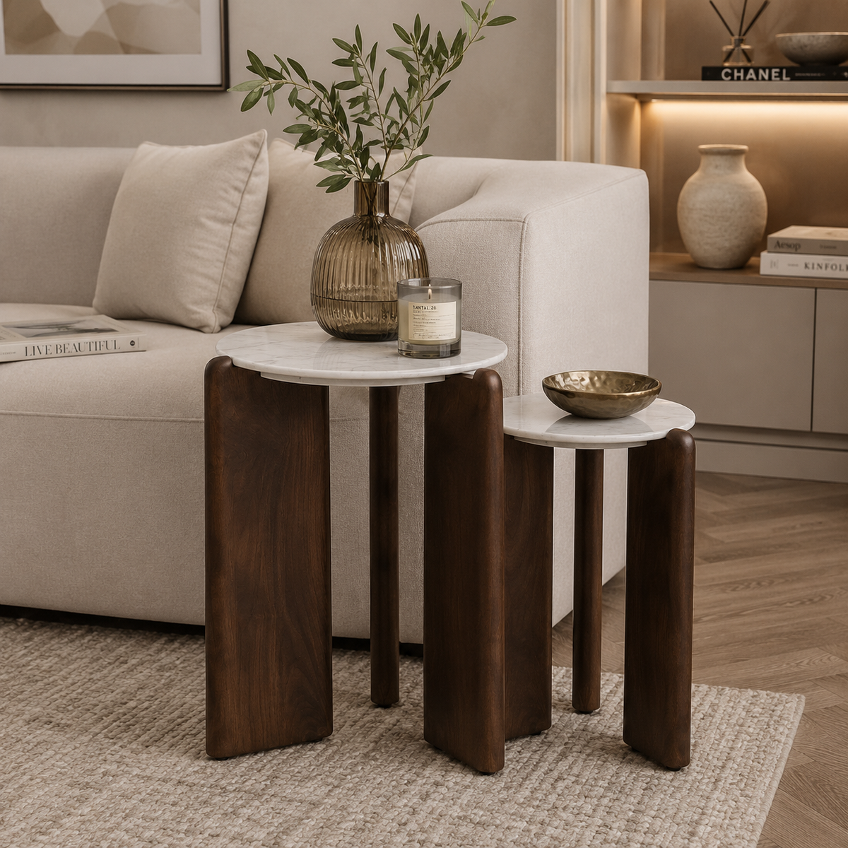 Brosna Brown Side Table in matt brown and white — alternative angle