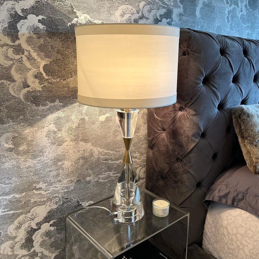 Cale Table Lamp in antique brass and taupe — detail