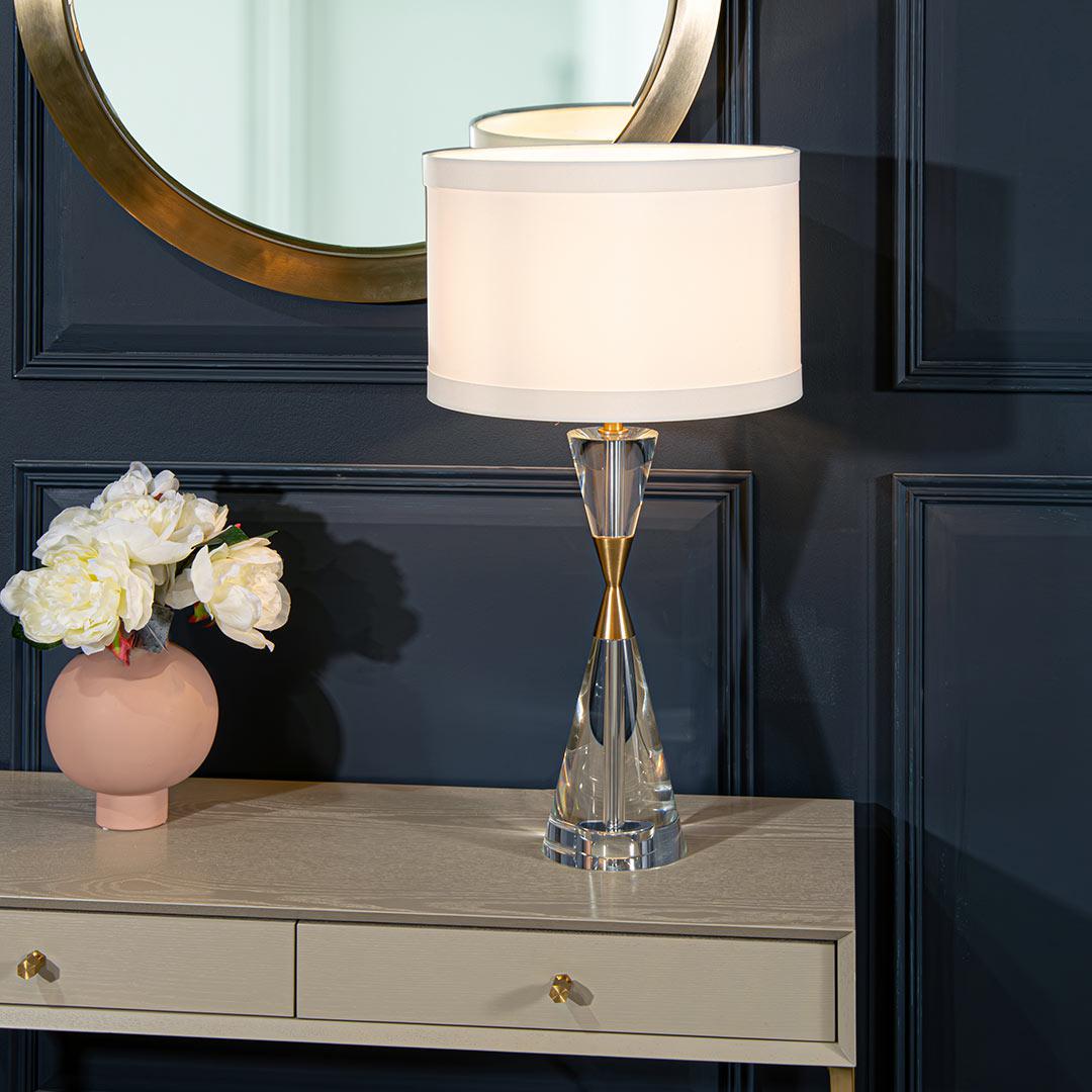Cale Table Lamp in antique brass and taupe — alternative angle