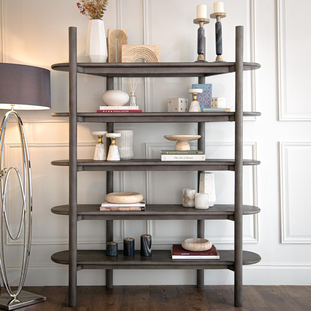 Canes Bookcase in stained grey — front view