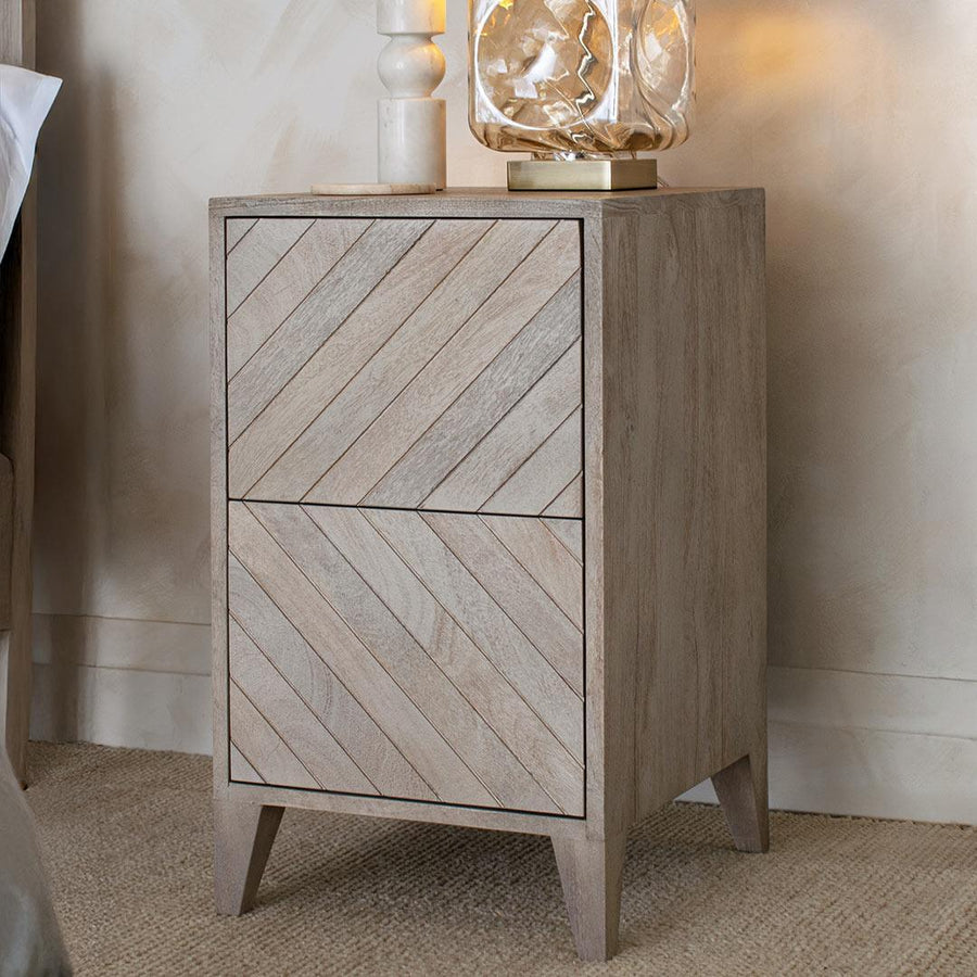 Croft Bedside Table in distressed beige — detail