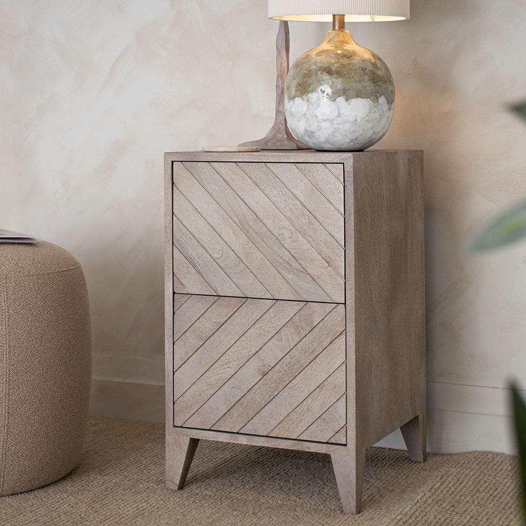 Croft Bedside Table in distressed beige — alternative angle