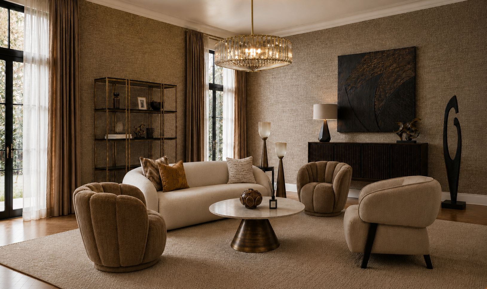 Carina’s layered cream, chocolate and aged-gold living room
