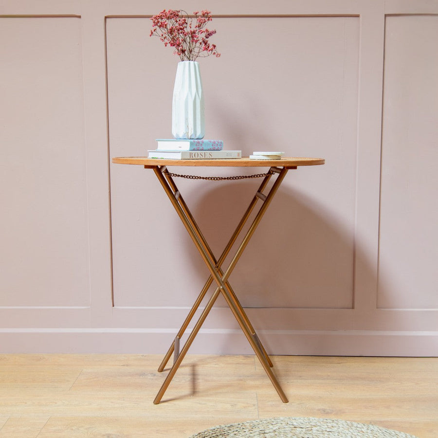Elowen Side Table in brushed brass and tan — front view