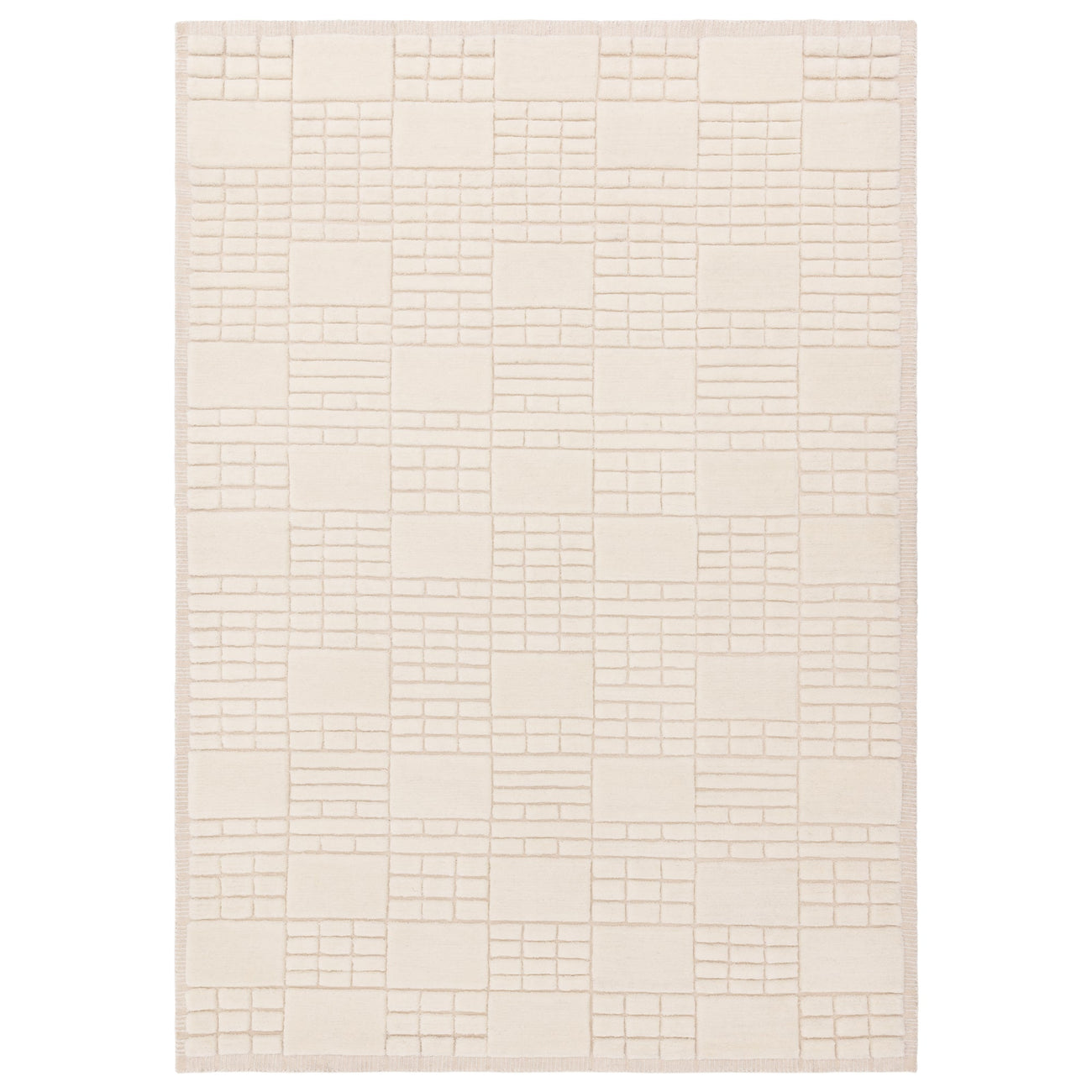 Empire Cream and Neutral wool rug on white background showing high-low pile grid design