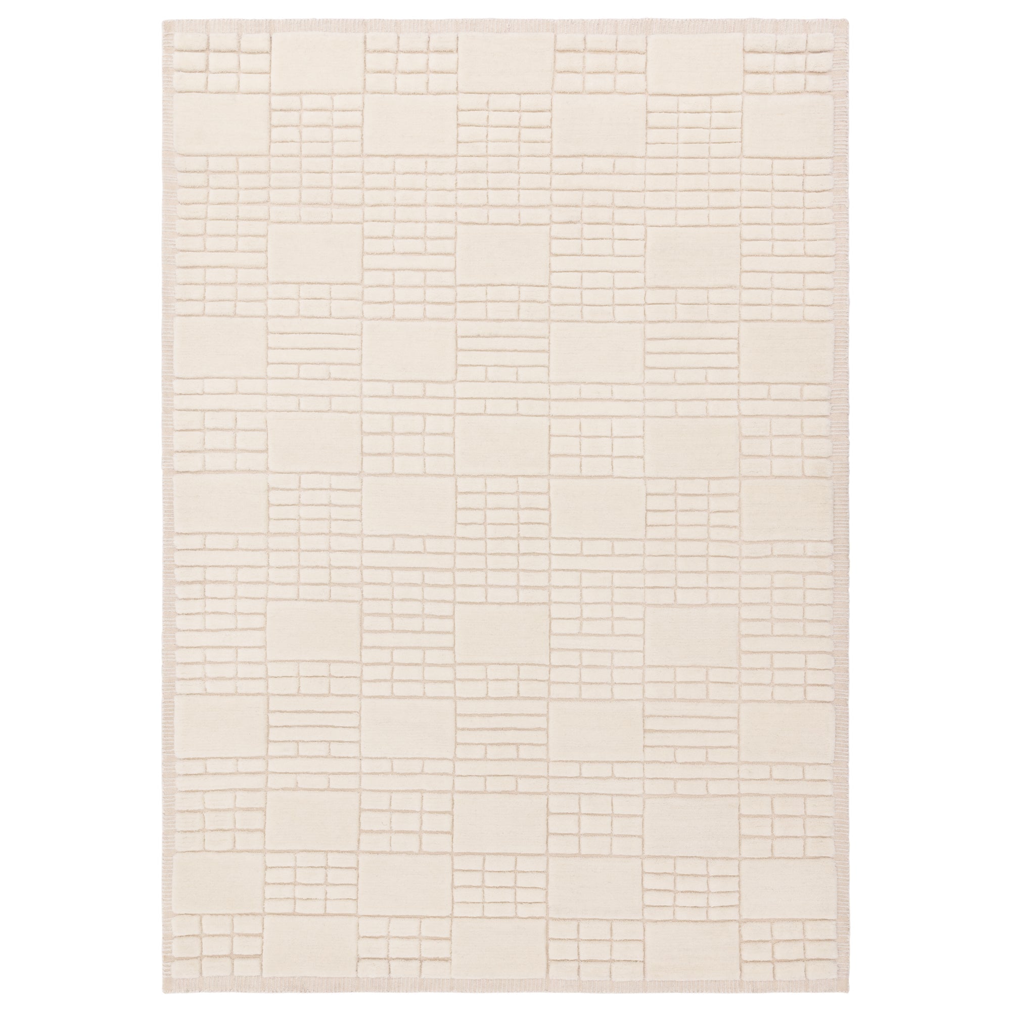 Empire Cream and Neutral wool rug on white background showing high-low pile grid design