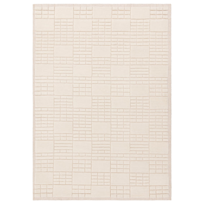 Empire Cream and Neutral wool rug on white background showing high-low pile grid design