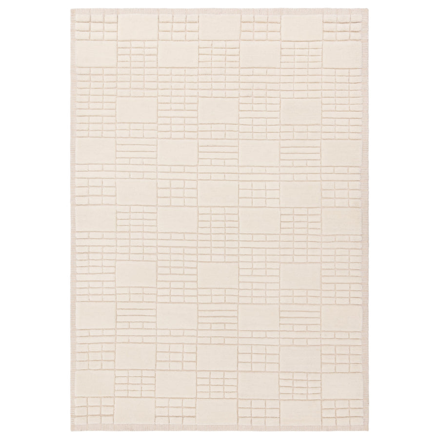 Empire Cream and Neutral wool rug on white background showing high-low pile grid design