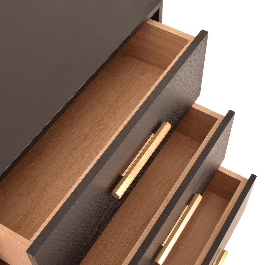 Evan 3 Drawer Side Table in black and brass — alternative angle