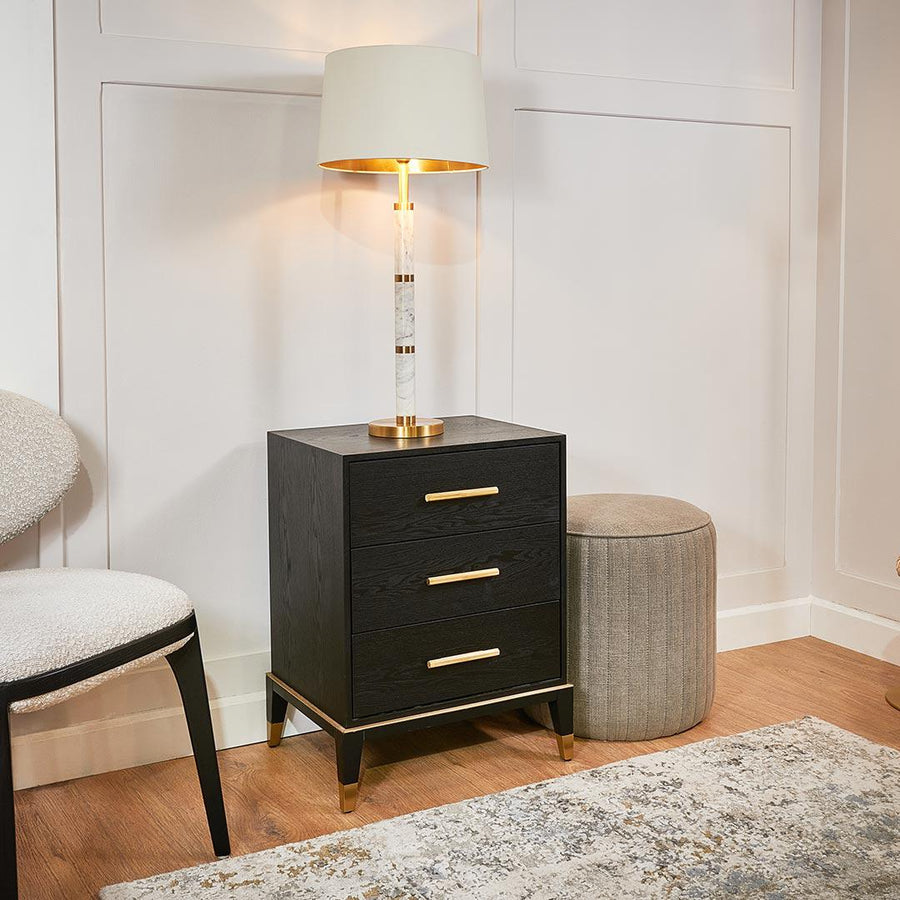 Evan 3 Drawer Side Table in black and brass — detail