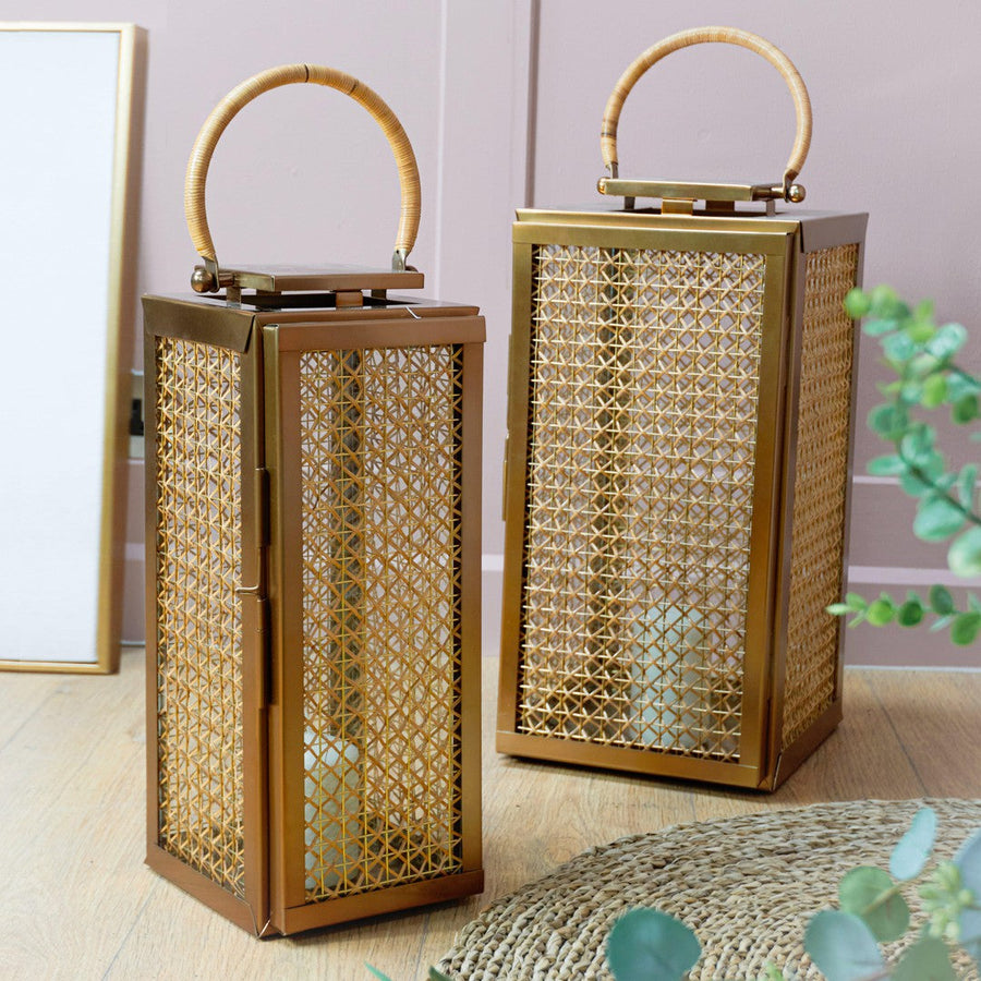 Ewan Lantern in brushed brass and natural — alternative angle
