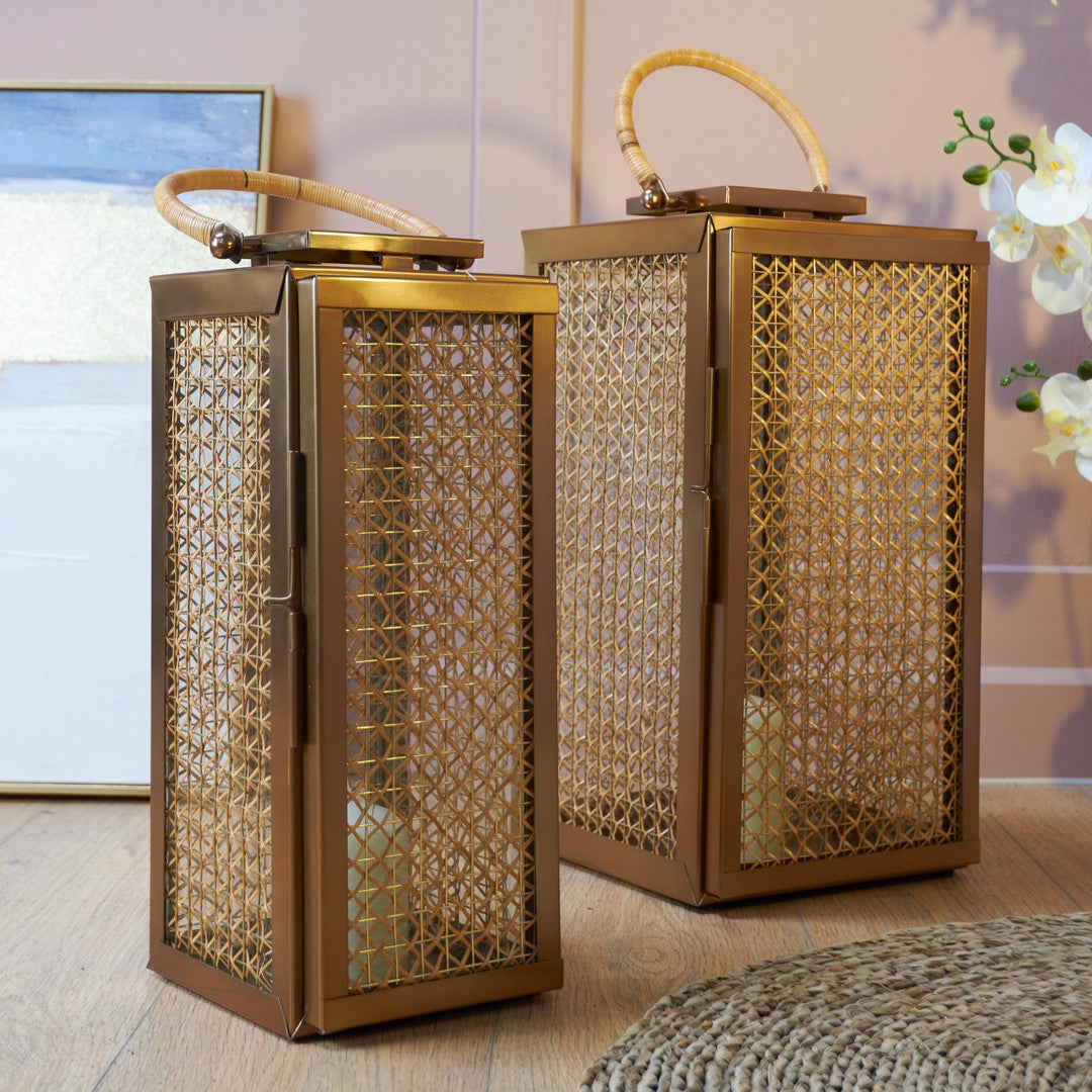 Ewan Lantern in brushed brass and natural — front view