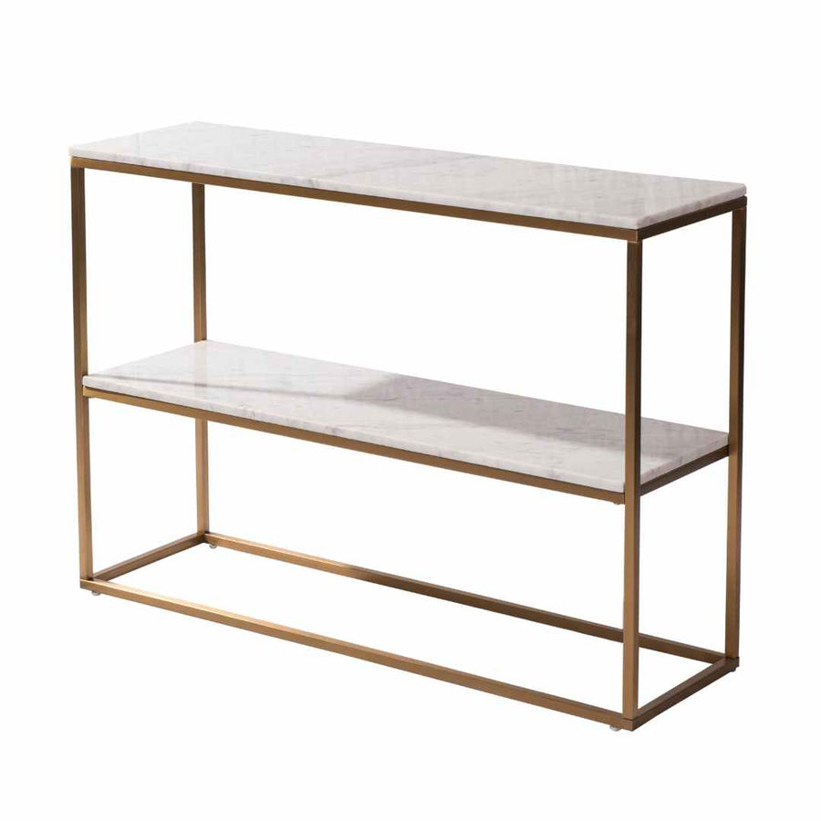Faceby Bookcase in brushed gold and white — front view