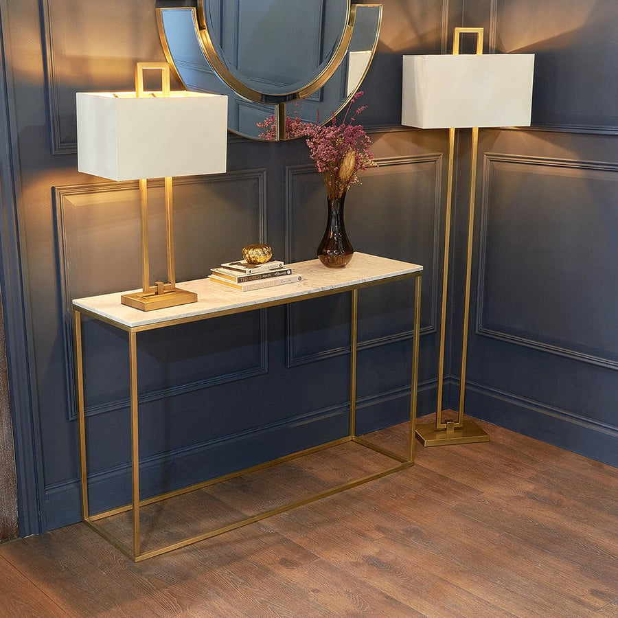 Faceby Marble Console Table in brushed gold and white — detail