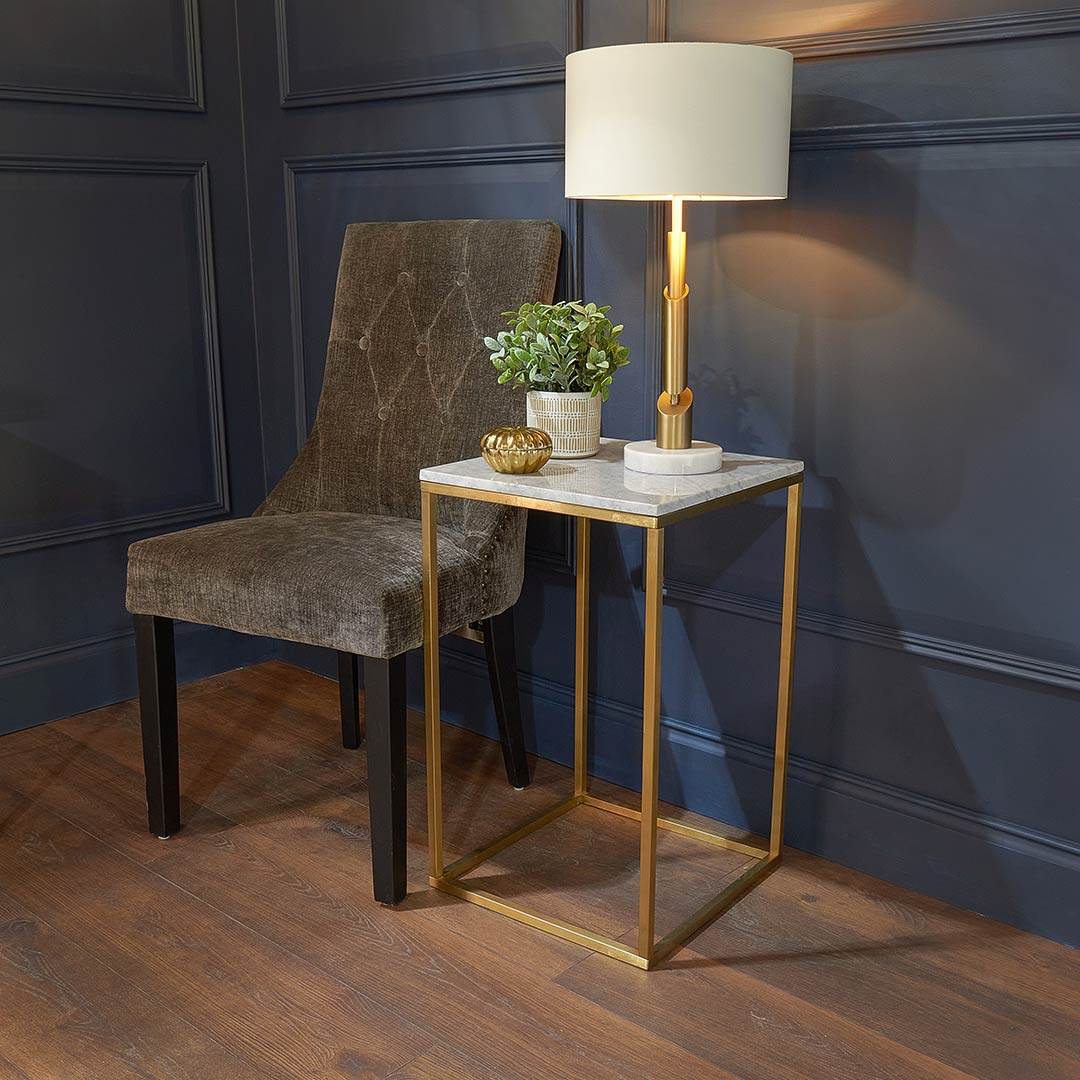 Faceby Side Table in brushed gold and white — alternative angle