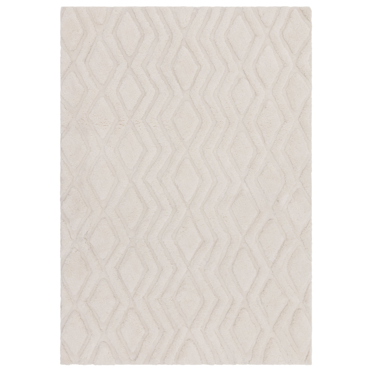 Harrison Off White high-low shaggy rug with geometric diamond pattern, white background