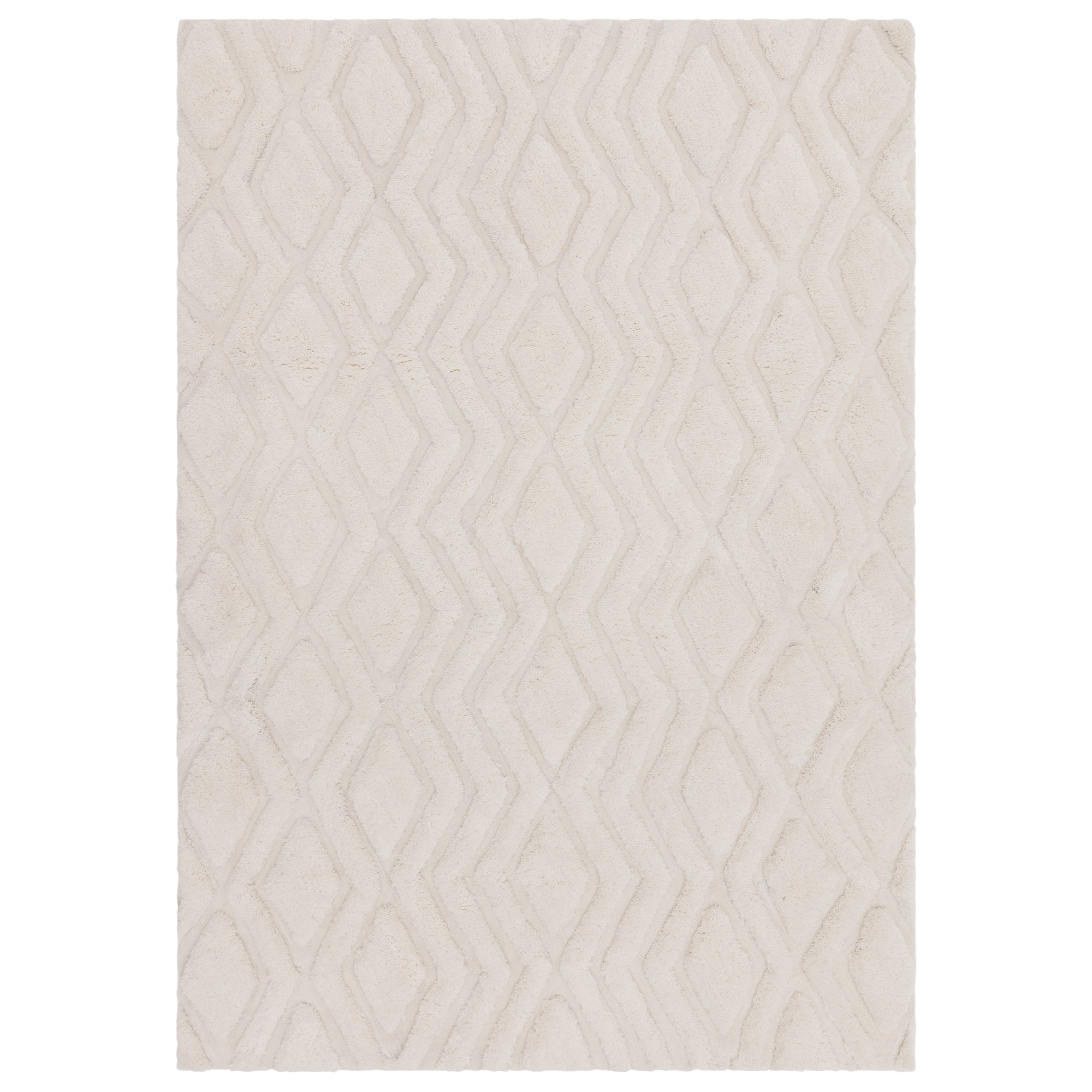 Harrison Off White high-low shaggy rug with geometric diamond pattern, white background