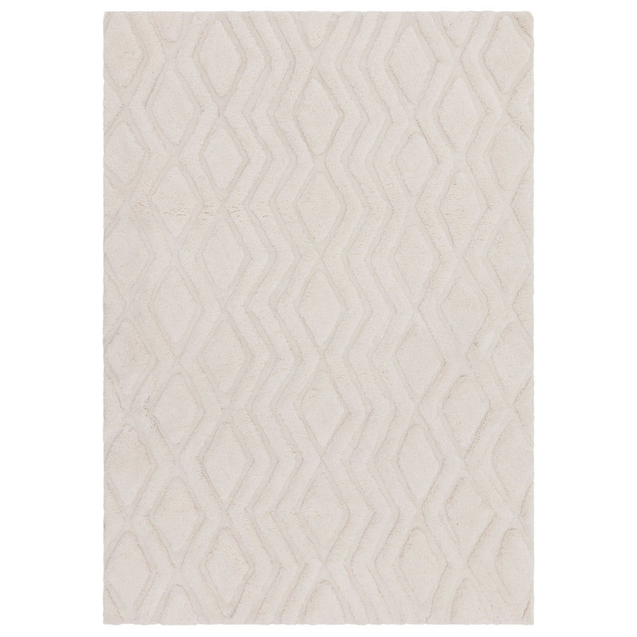 Harrison Off White high-low shaggy rug with geometric diamond pattern, white background