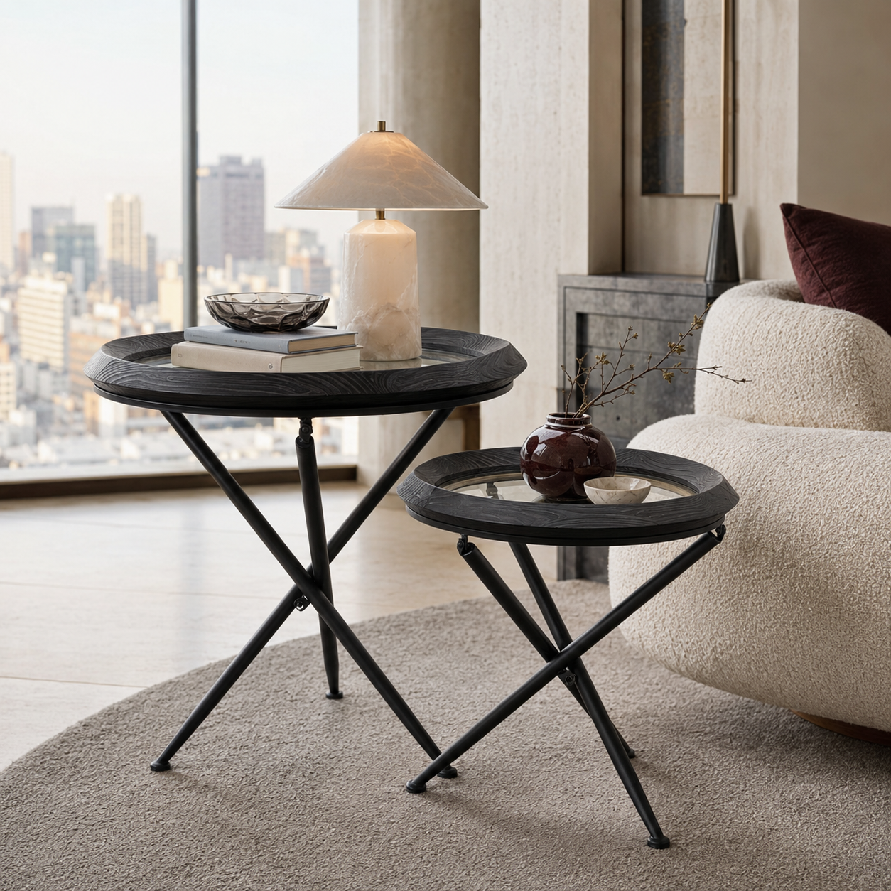 Jemima Pair of Side Tables in painted black in a styled interior