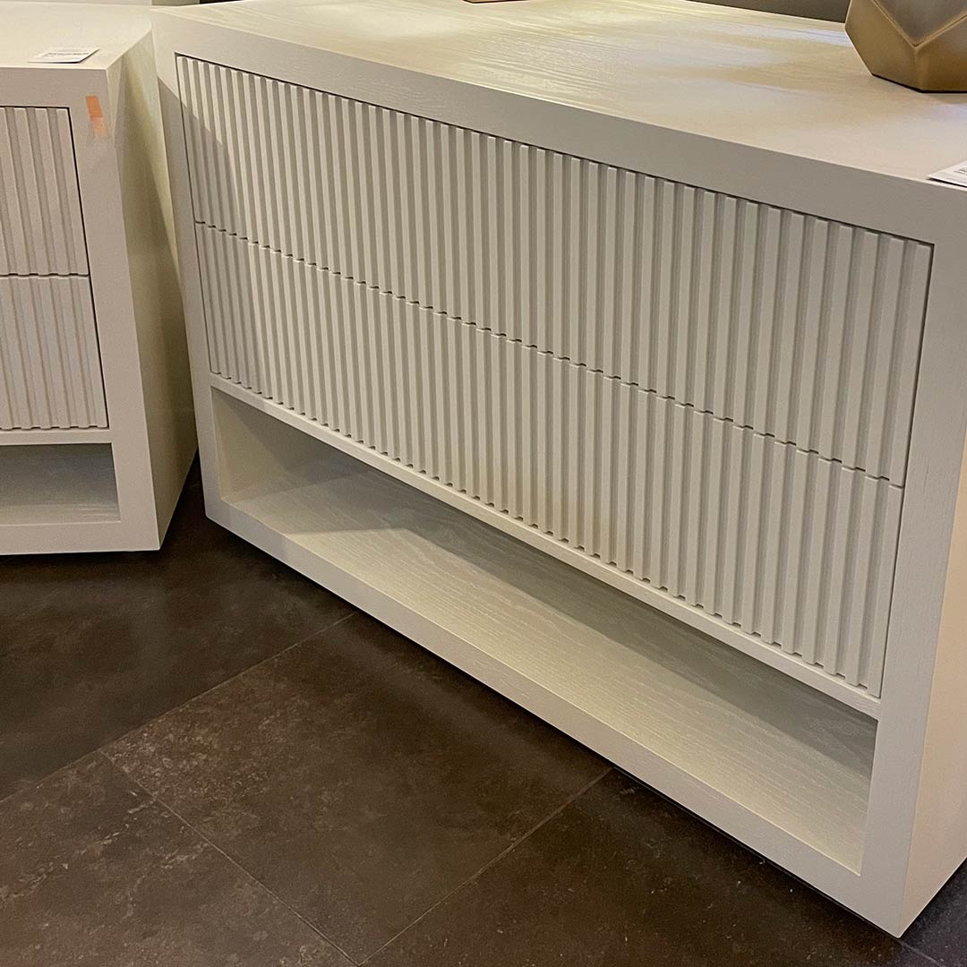 Marans Wide Bedside Table in painted white — alternative angle