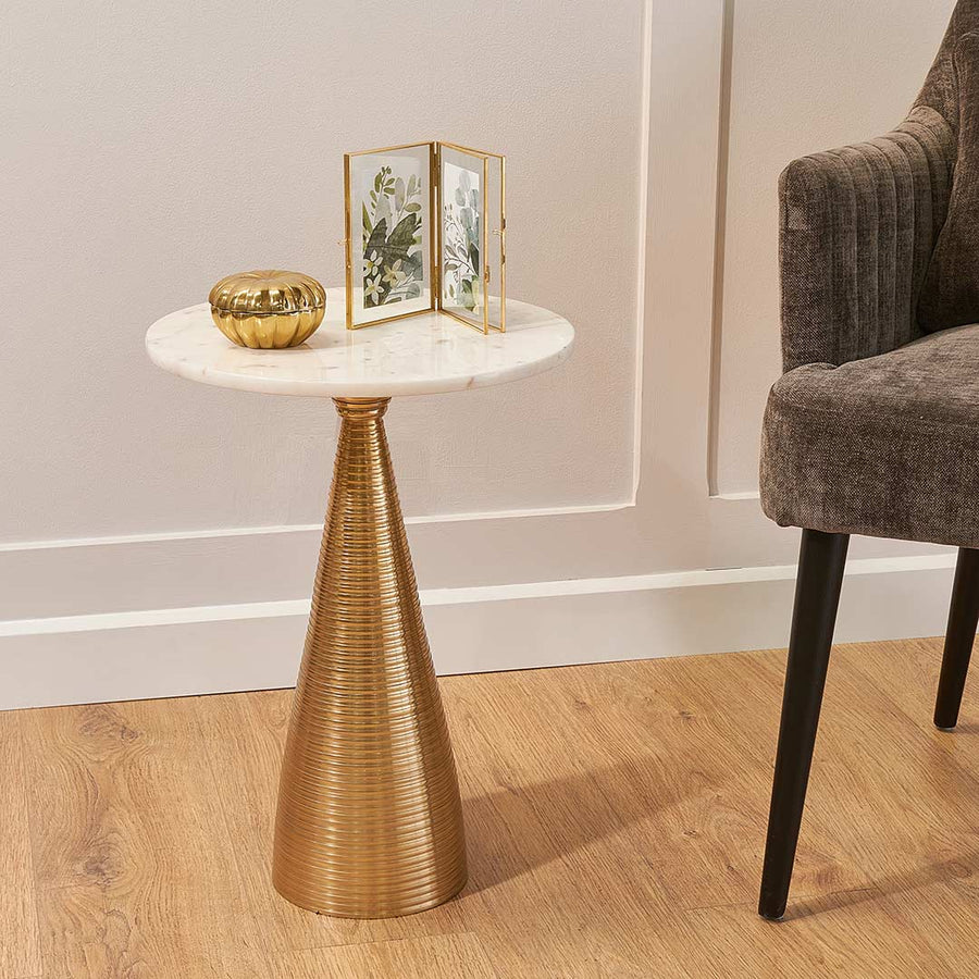 Orne Side Table in polished white and gold — detail