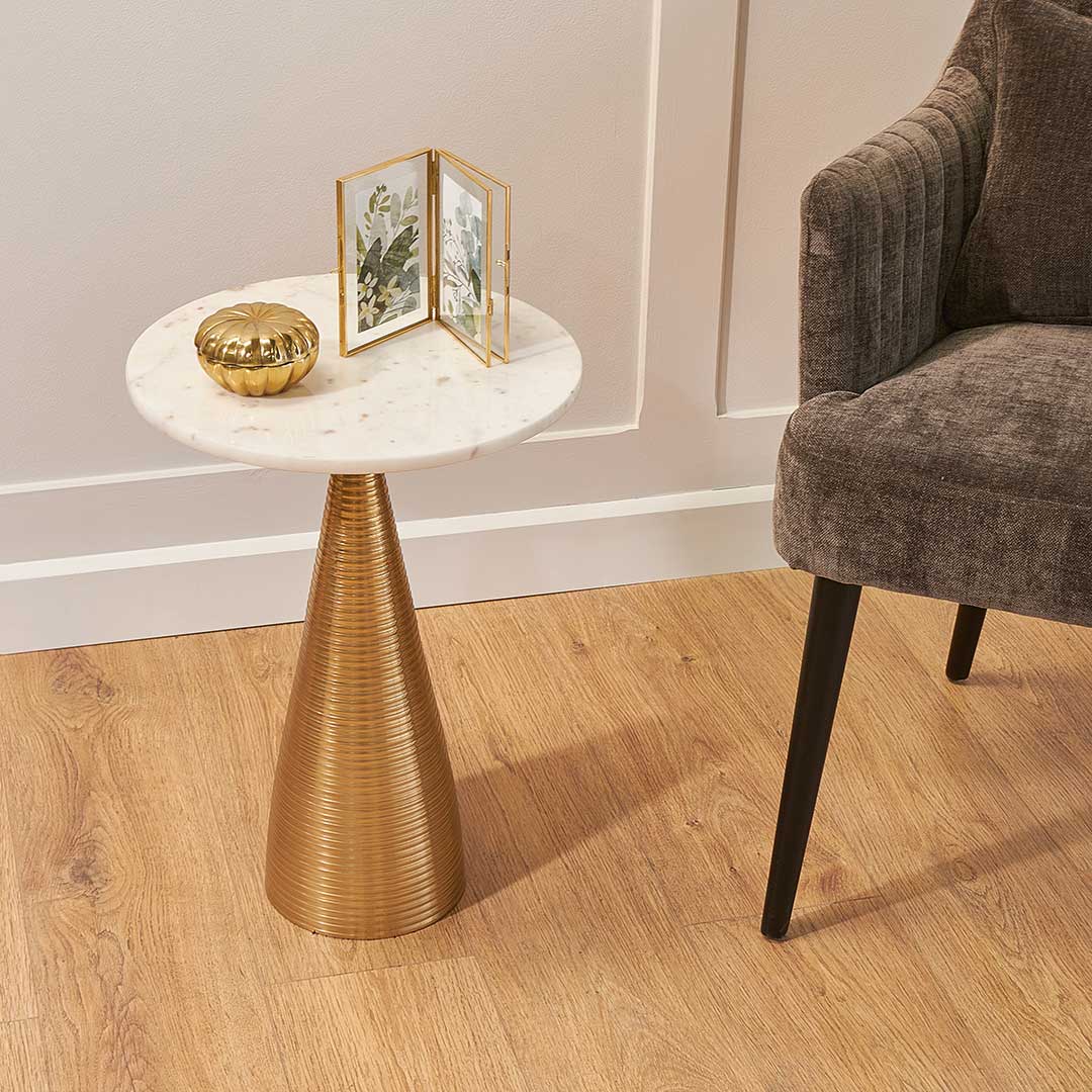 Orne Side Table in polished white and gold — alternative angle