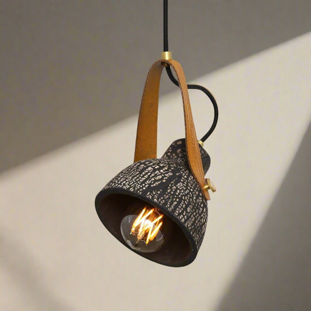 Pera Ceramic Pendant with Rescued Fire Hose Strap - Black Clay - Mullan Lighting