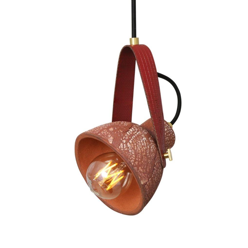 Pera Ceramic Pendant with Rescued Fire Hose Strap - Red Iron - Mullan Lighting