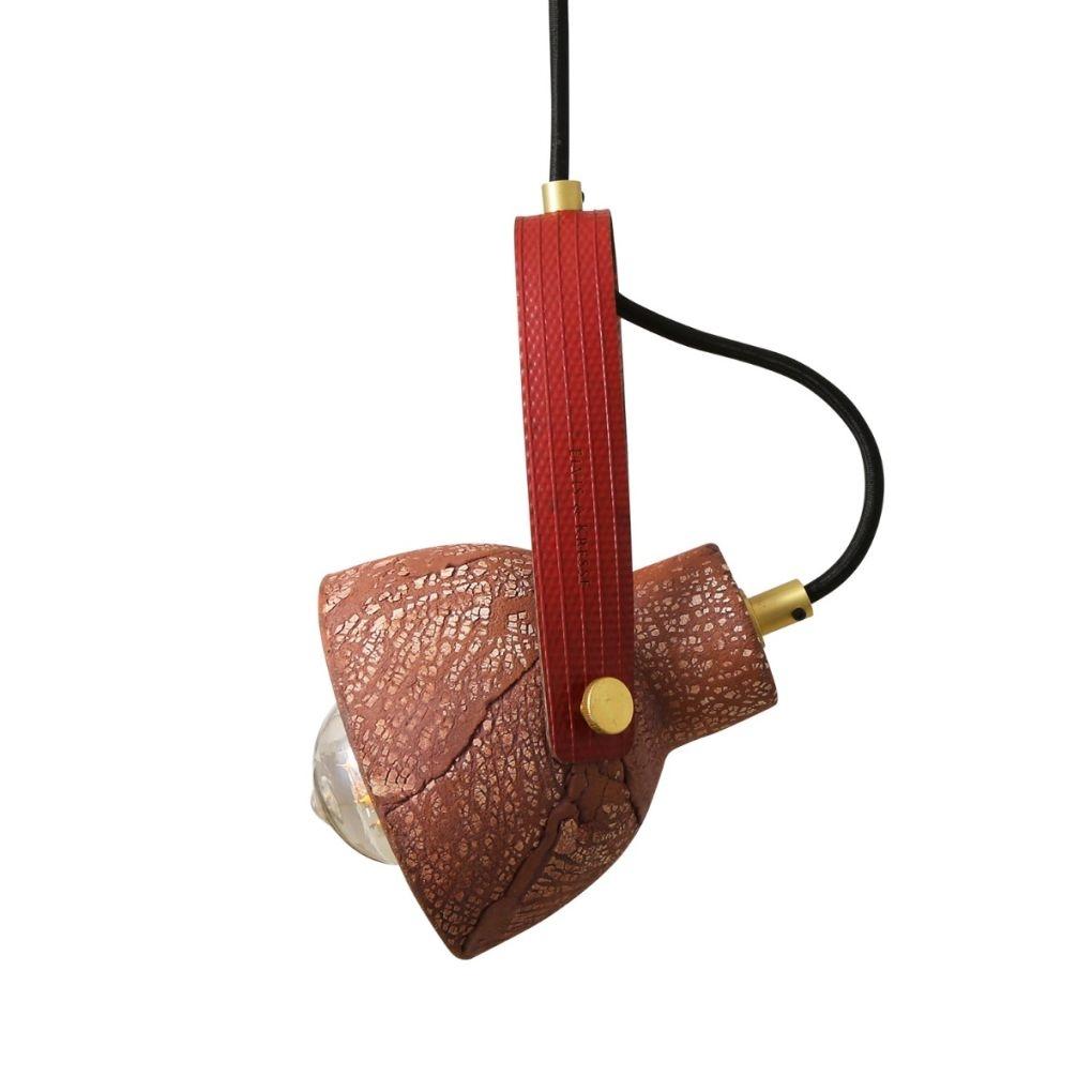 Pera Ceramic Pendant with Rescued Fire Hose Strap - Red Iron - Mullan Lighting