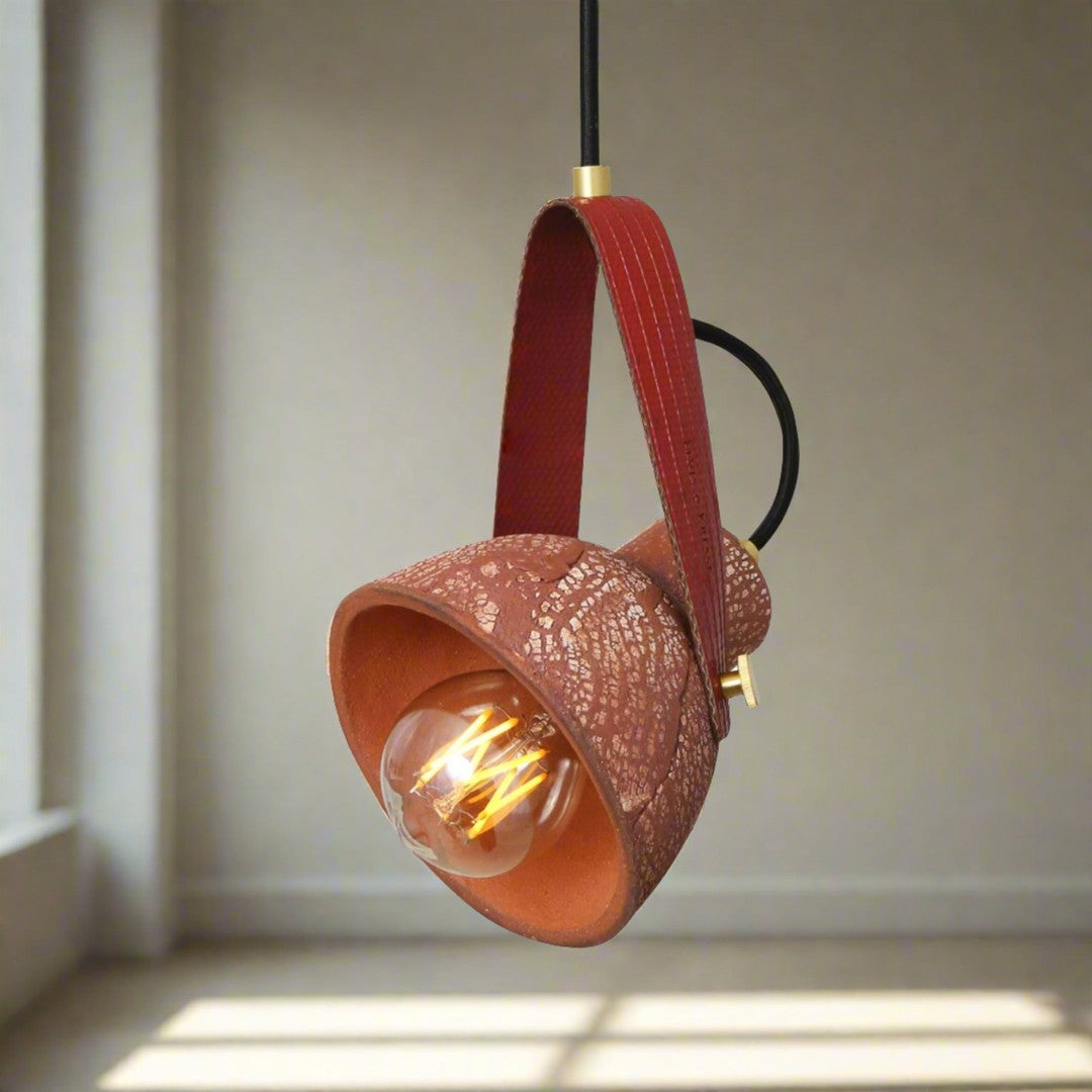 Pera Ceramic Pendant with Rescued Fire Hose Strap - Red Iron - Mullan Lighting