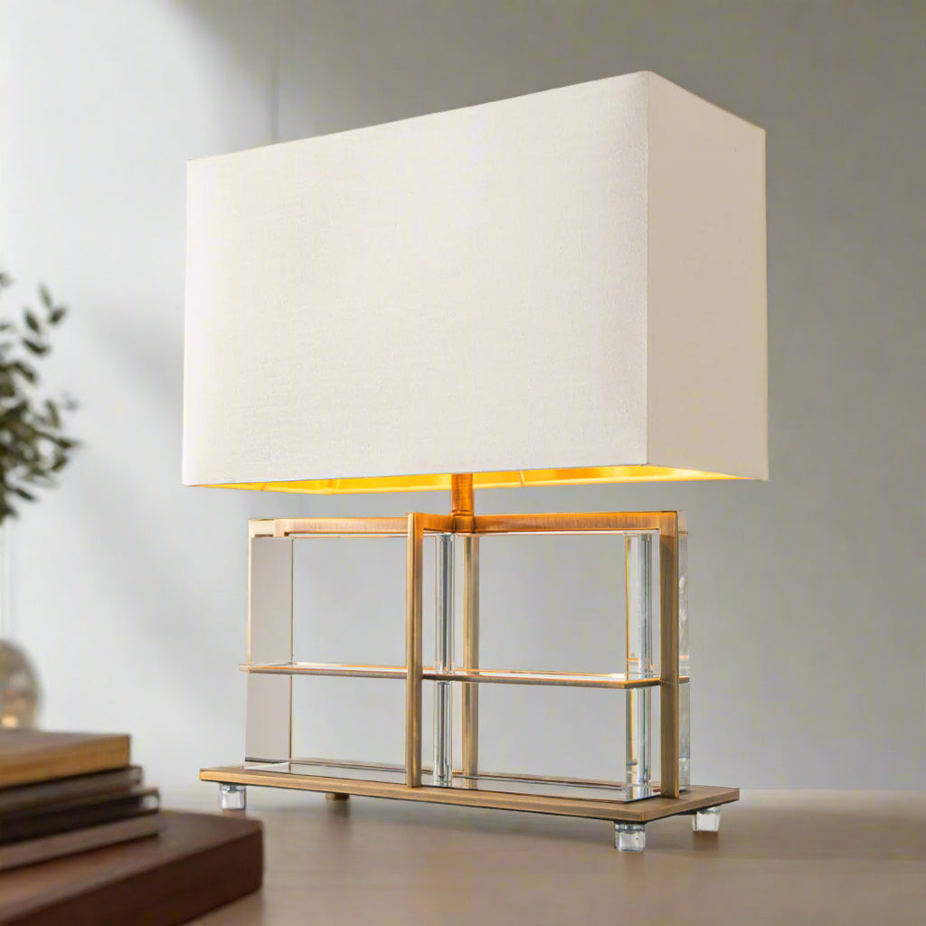 Rune Table Lamp in antique brass and opal — front view