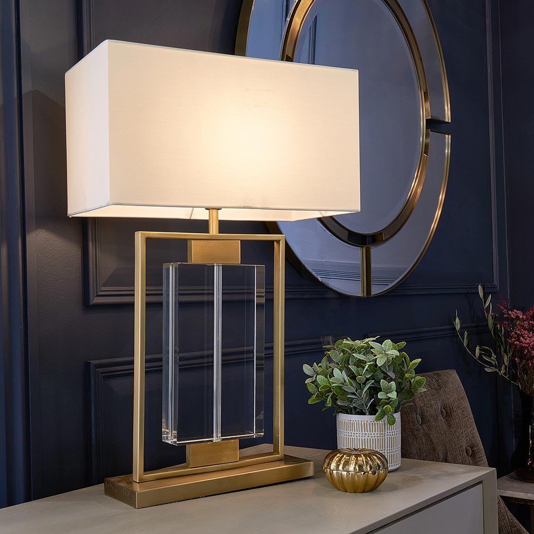 Ryston Table Lamp in antique brass and taupe — alternative angle