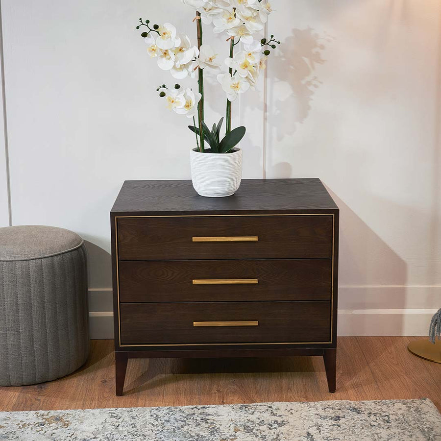 Thomas 3 Drawer Side Table in painted chocolate and brass — detail