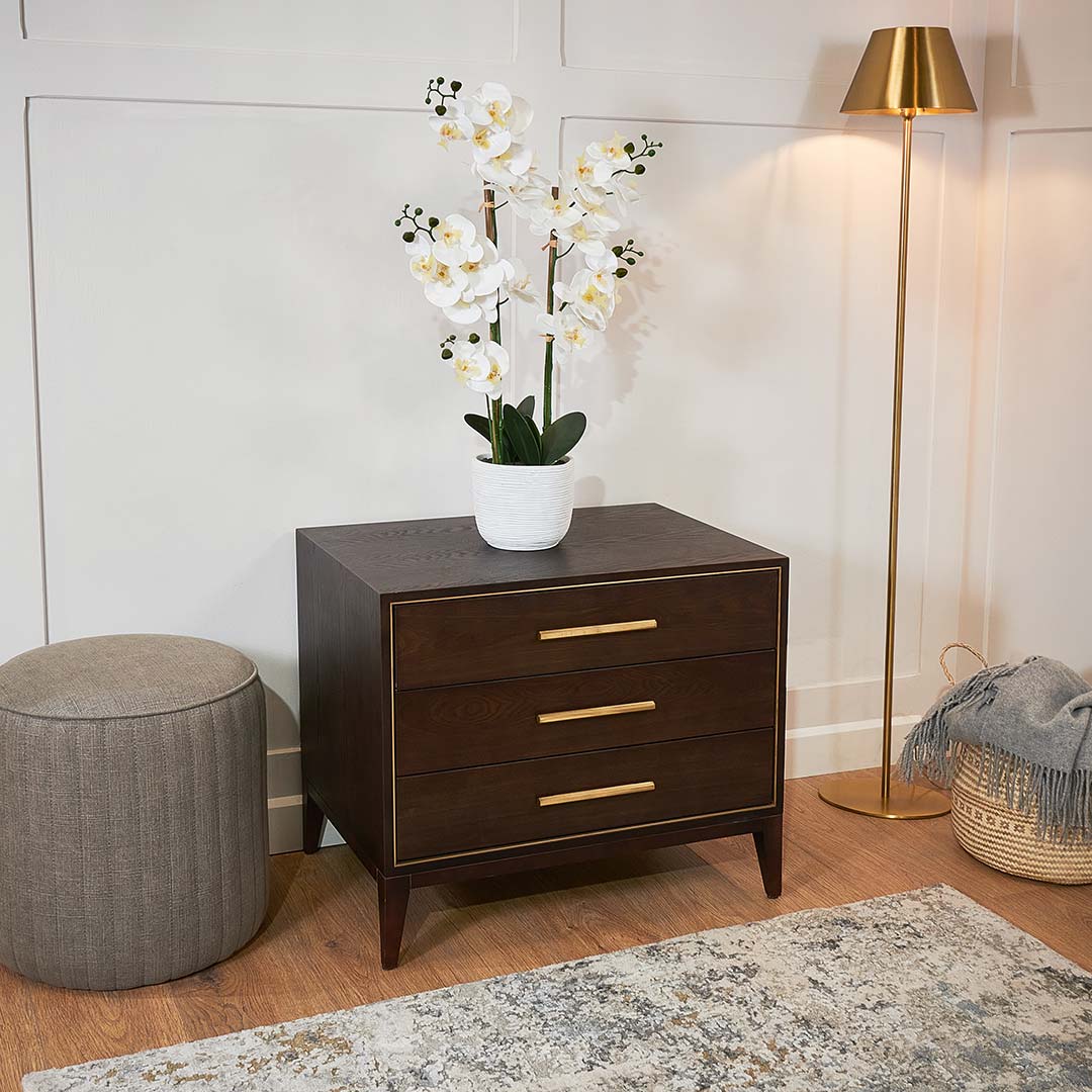 Thomas 3 Drawer Side Table in painted chocolate and brass — alternative angle