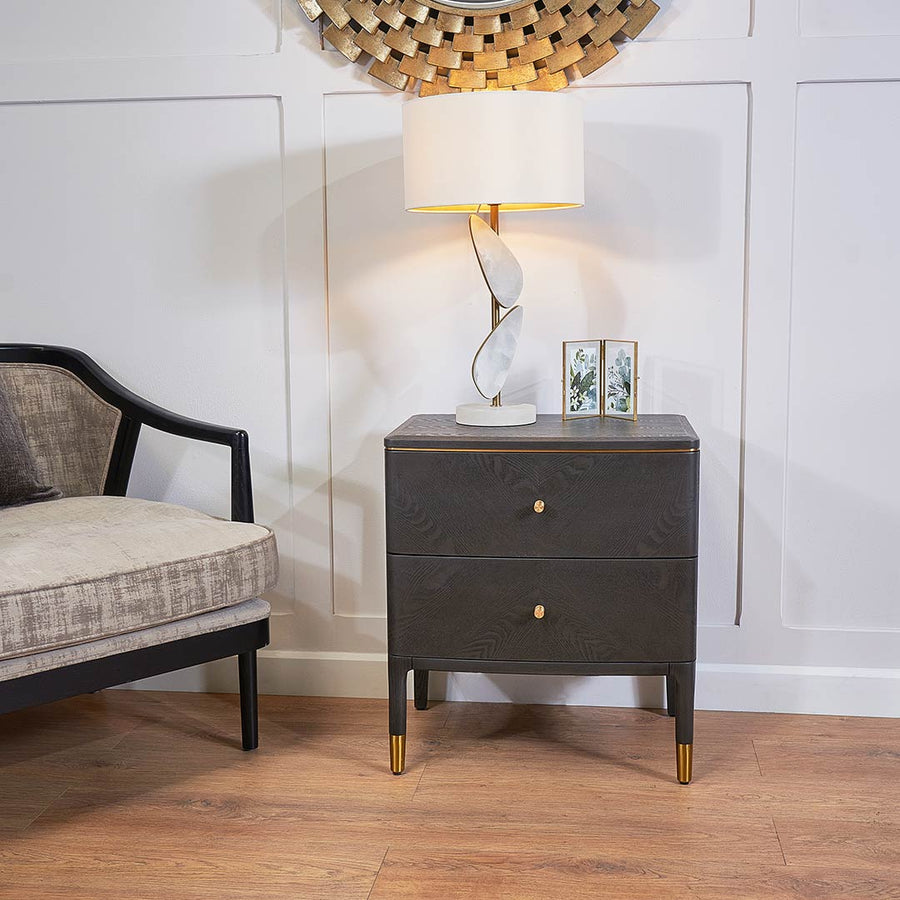 Vancent 2 Drawer Side Table in brass and grey — detail