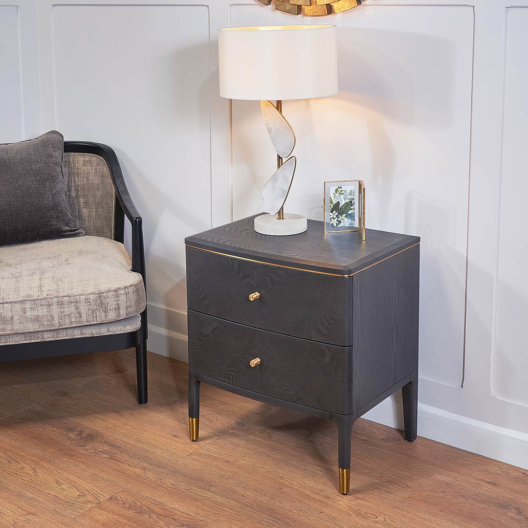 Vancent 2 Drawer Side Table in brass and grey — alternative angle