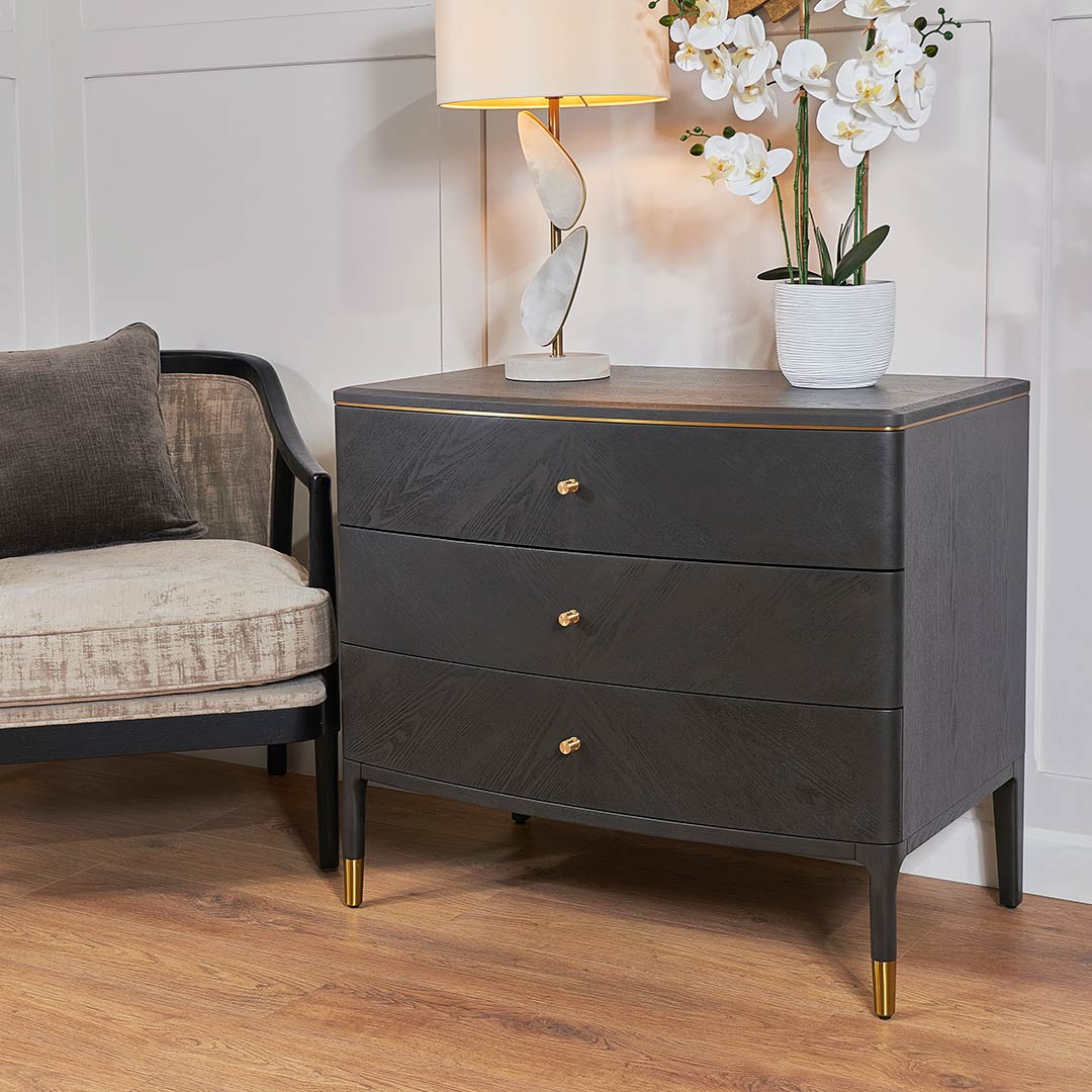 Vancent 3 Drawer Chest in brass and grey — alternative angle