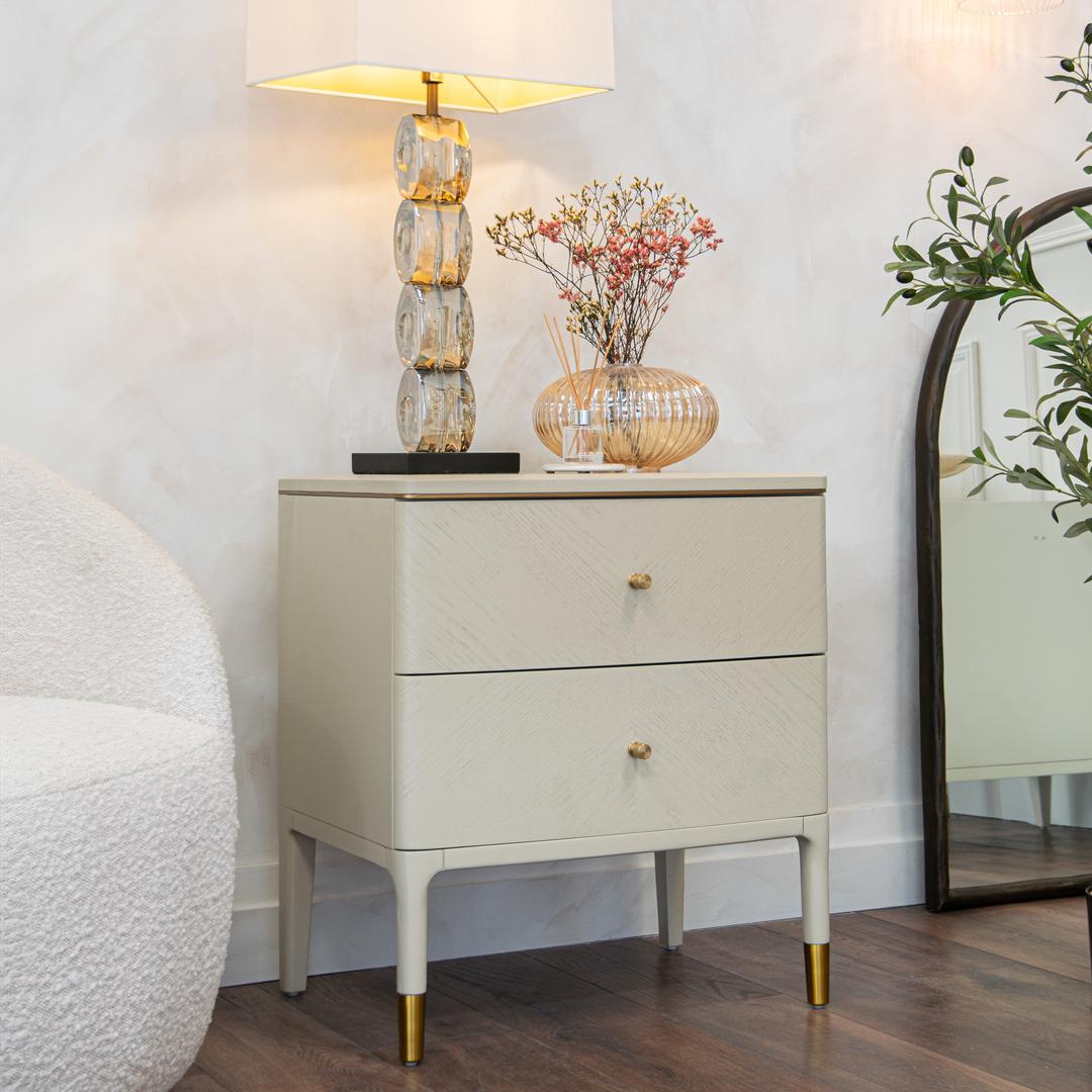 Vancent Off-White 2 Drawer Side Table in antique brass and off-white — alternative angle