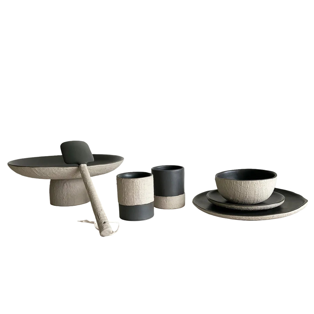 YUTA Ceramic Dinnerware Set - Beige and Charcoal - Koti London