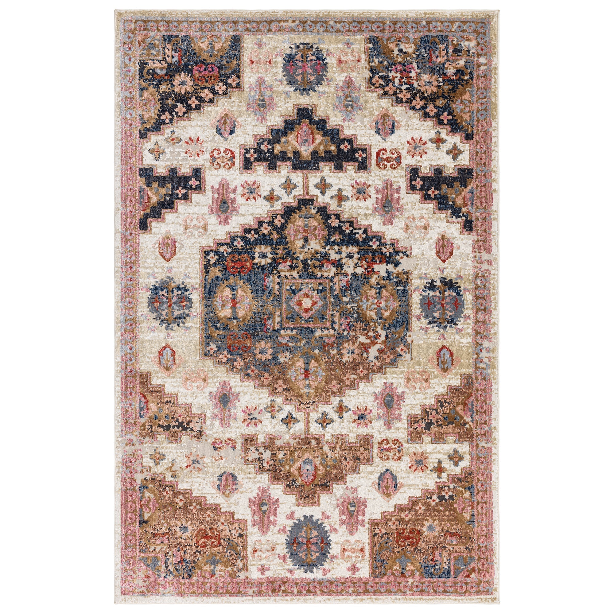 Zola Aras traditional Persian medallion rug in terracotta, beige and sapphire-blue on a white background