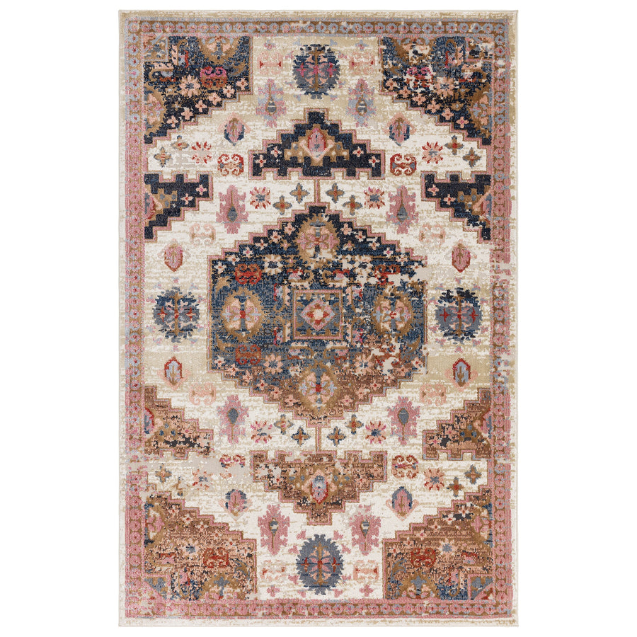 Zola Aras traditional Persian medallion rug in terracotta, beige and sapphire-blue on a white background