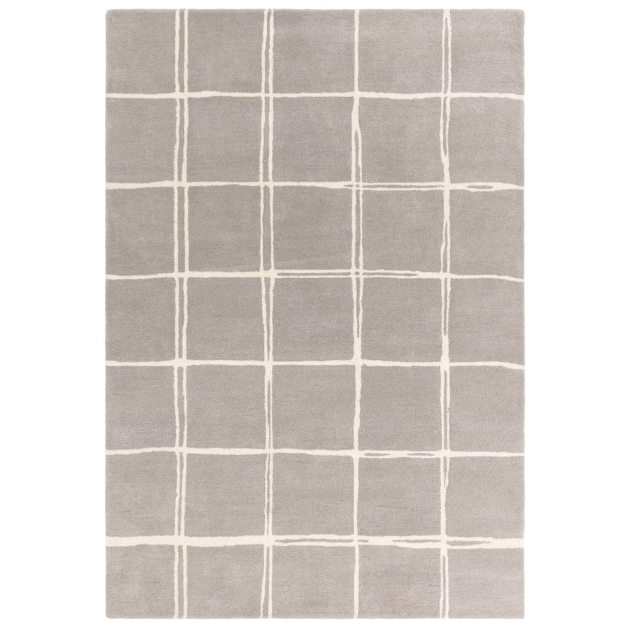 Albany Grid Grey wool rug on white background, full view