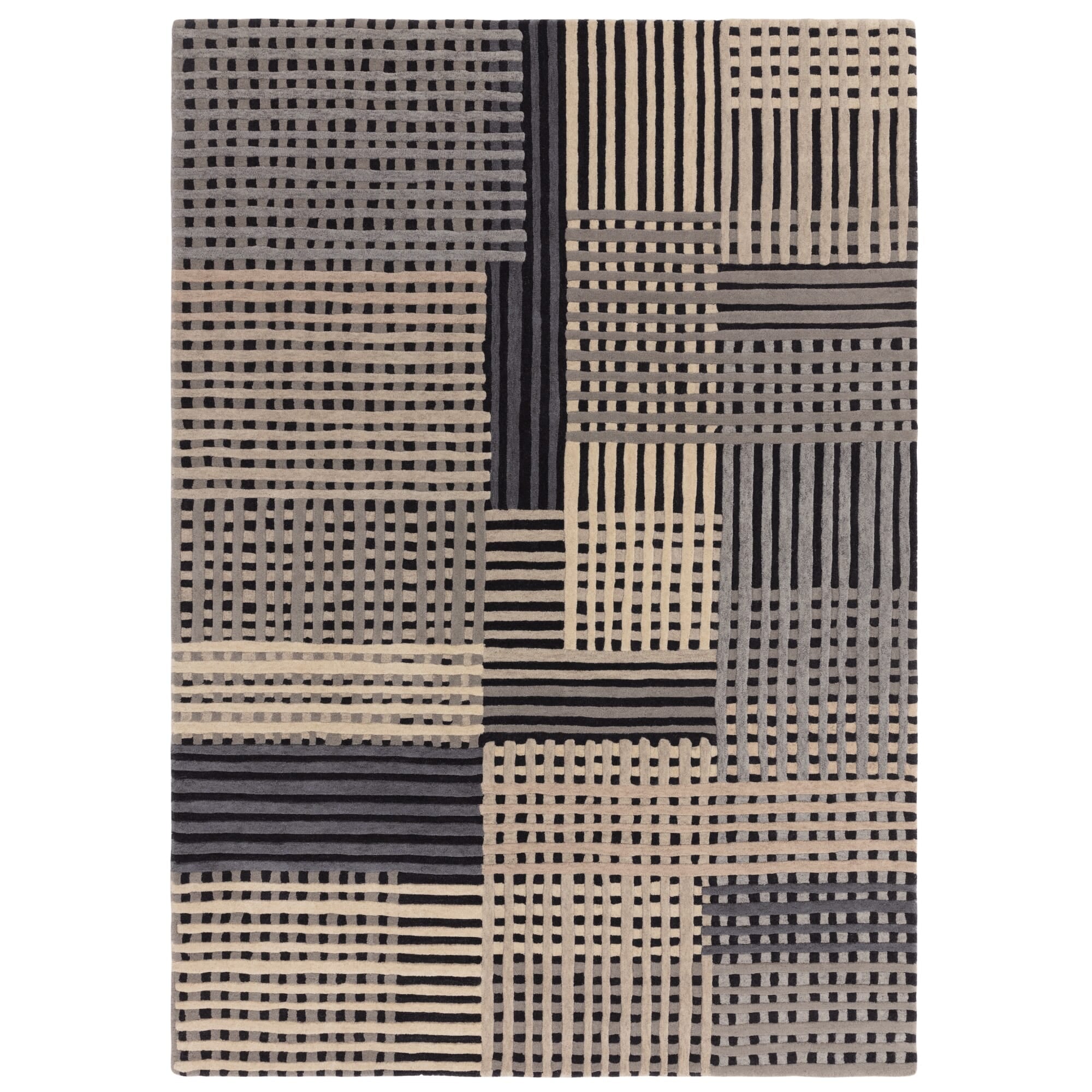 Aspect Grey Multi wool rug with interlocking basketweave design on white background